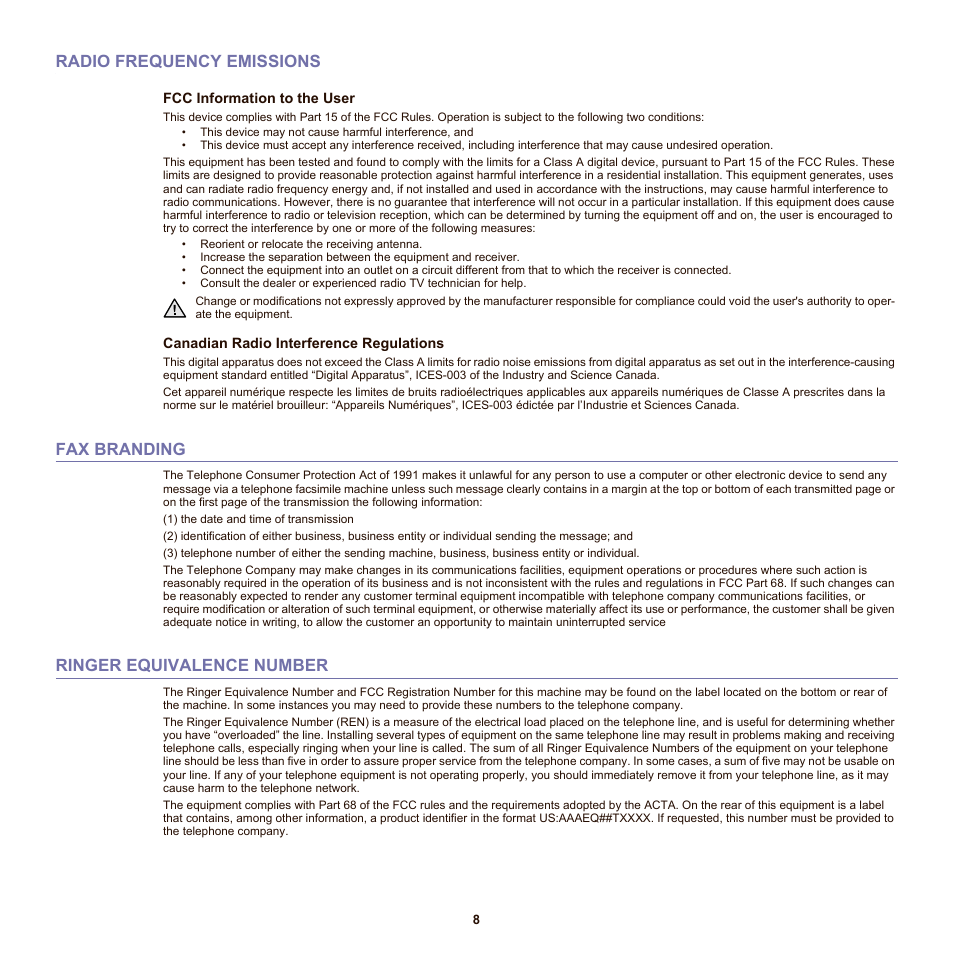 Radio frequency emissions, Fax branding, Ringer equivalence number | Samsung SCX-6555NX User Manual | Page 8 / 176