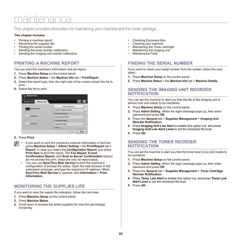 Maintenance, Printing a machine report, Monitoring the supplies life | Finding the serial number, Sending the imaging unit reorder notification, Sending the toner reorder notification, See "printing a machine report" on | Samsung SCX-6555NX User Manual | Page 83 / 176