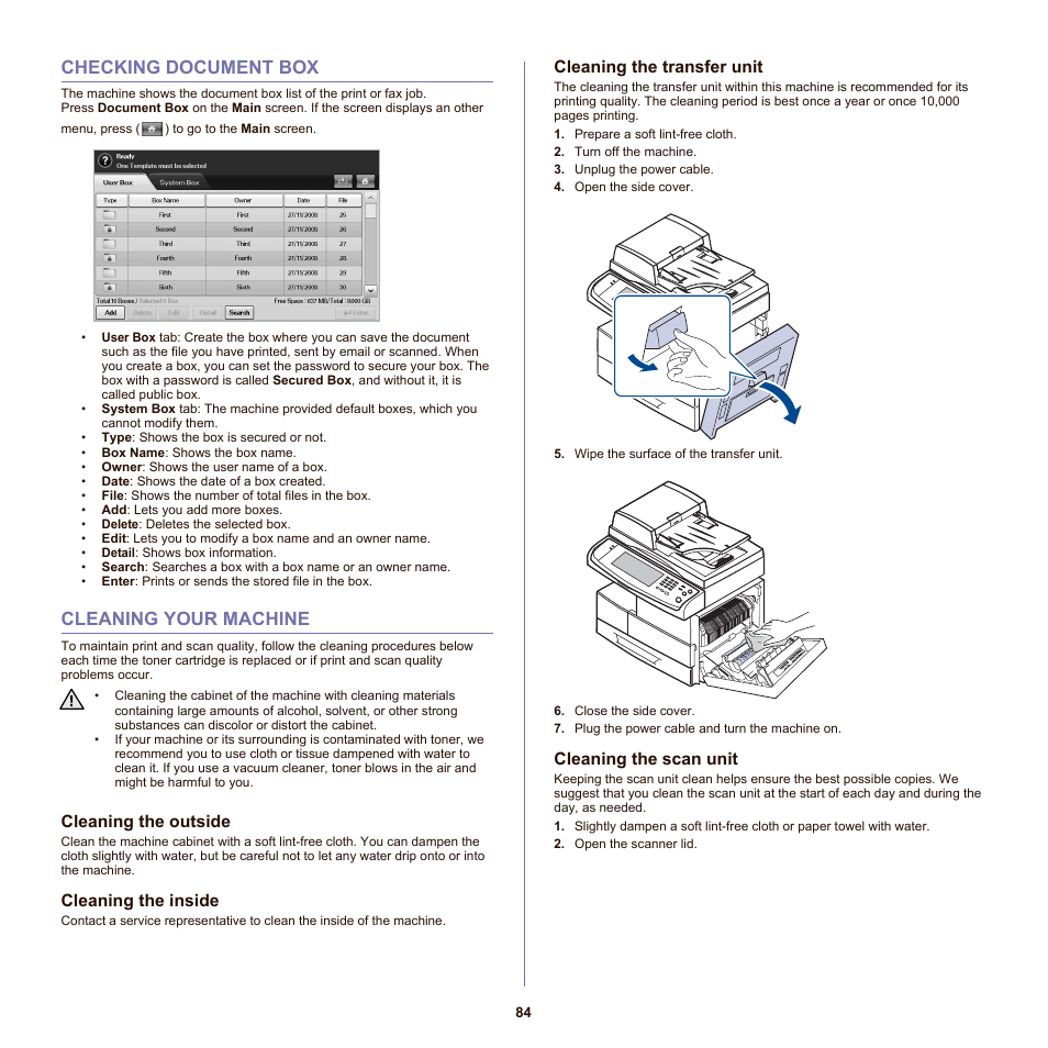 Checking document box, Cleaning your machine, Cleaning the outside | Cleaning the inside, Cleaning the transfer unit, Cleaning the scan unit, 84 checking document box, 84 cleaning your machine | Samsung SCX-6555NX User Manual | Page 84 / 176