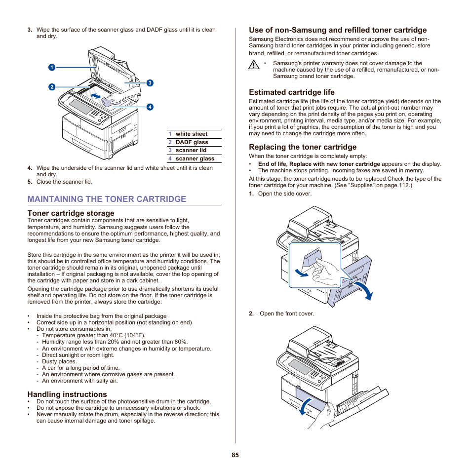 Maintaining the toner cartridge, Toner cartridge storage, Handling instructions | Use of non-samsung and refilled toner cartridge, Estimated cartridge life, Replacing the toner cartridge, 85 maintaining the toner cartridge, See "replacing the toner cartridge" on | Samsung SCX-6555NX User Manual | Page 85 / 176