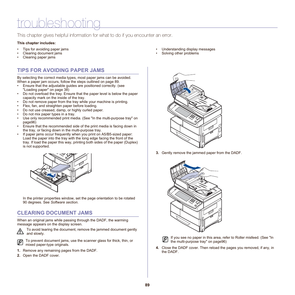 Troubleshooting, Tips for avoiding paper jams, Clearing document jams | Troubleshooting pa | Samsung SCX-6555NX User Manual | Page 89 / 176