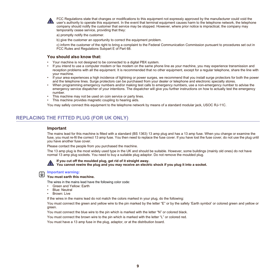 Replacing the fitted plug (for uk only) | Samsung SCX-6555NX User Manual | Page 9 / 176