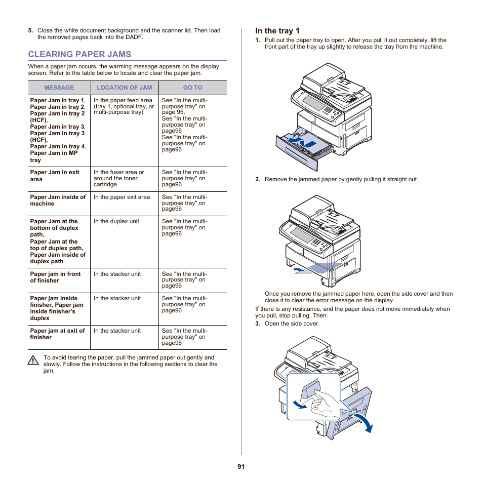 Clearing paper jams, In the tray 1, 91 clearing paper jams | S occurred. (see "clearing | Samsung SCX-6555NX User Manual | Page 91 / 176