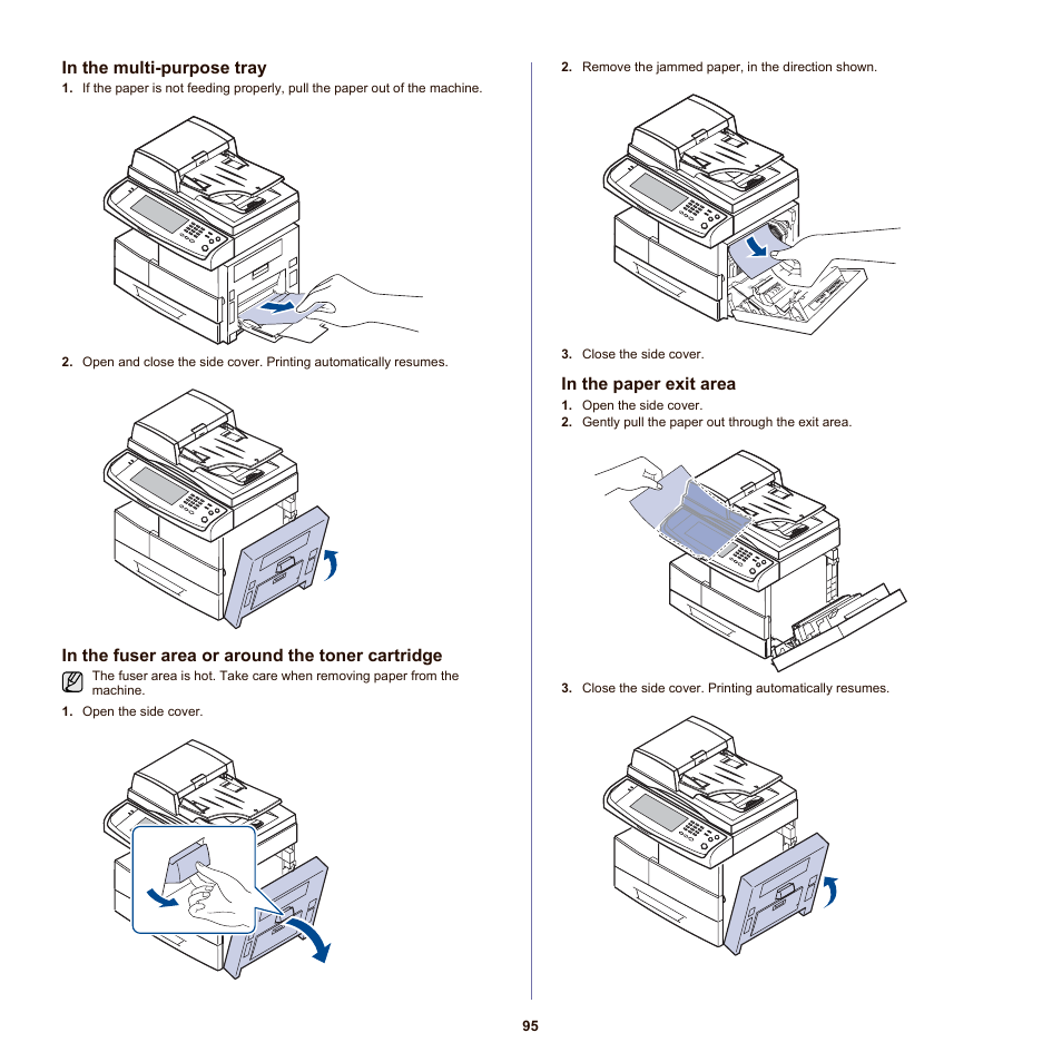 In the multi-purpose tray, In the fuser area or around the toner cartridge, In the paper exit area | See "in the multi, Purpose tray" on | Samsung SCX-6555NX User Manual | Page 95 / 176