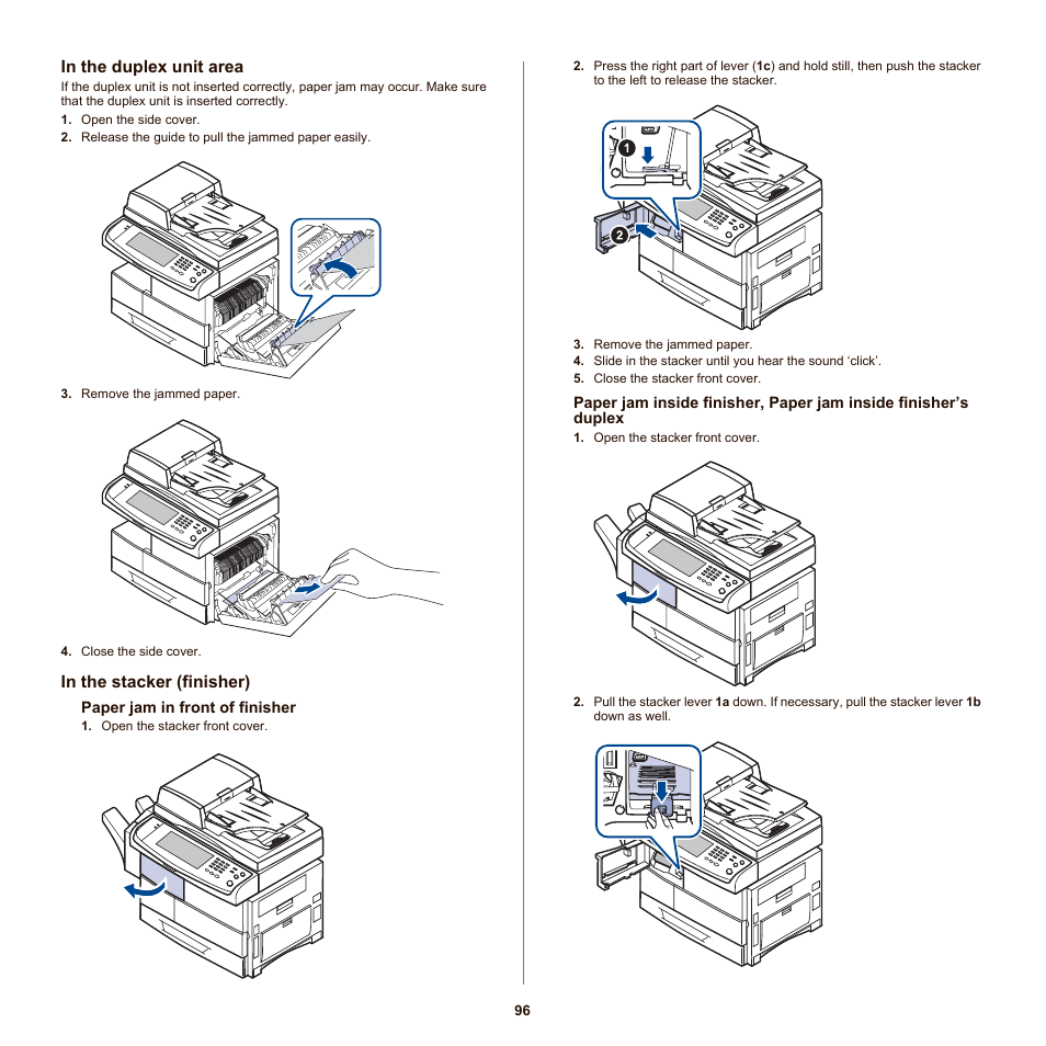 In the duplex unit area, In the stacker (finisher), See "in the multi | Purpose tray" on | Samsung SCX-6555NX User Manual | Page 96 / 176