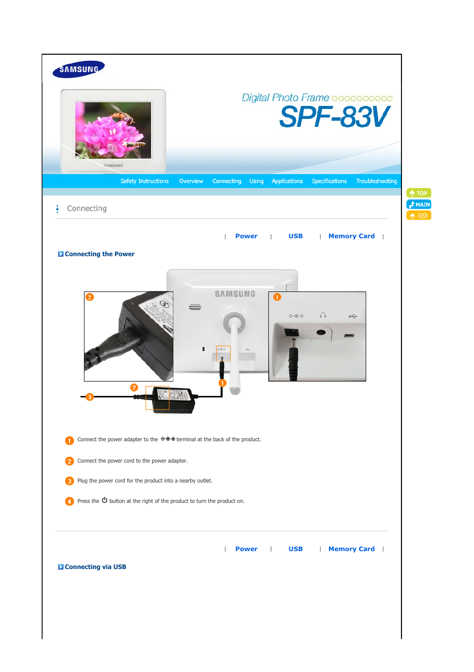 Connecting the power, Connecting via usb | Samsung SPF-83V User Manual | Page 12 / 42