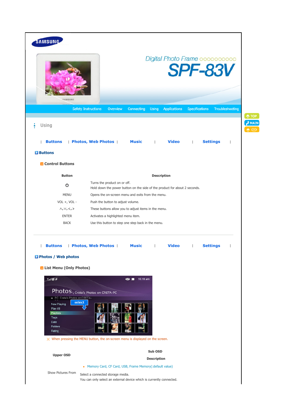 Buttons, Photos / web photos, Music | Samsung SPF-83V User Manual | Page 16 / 42