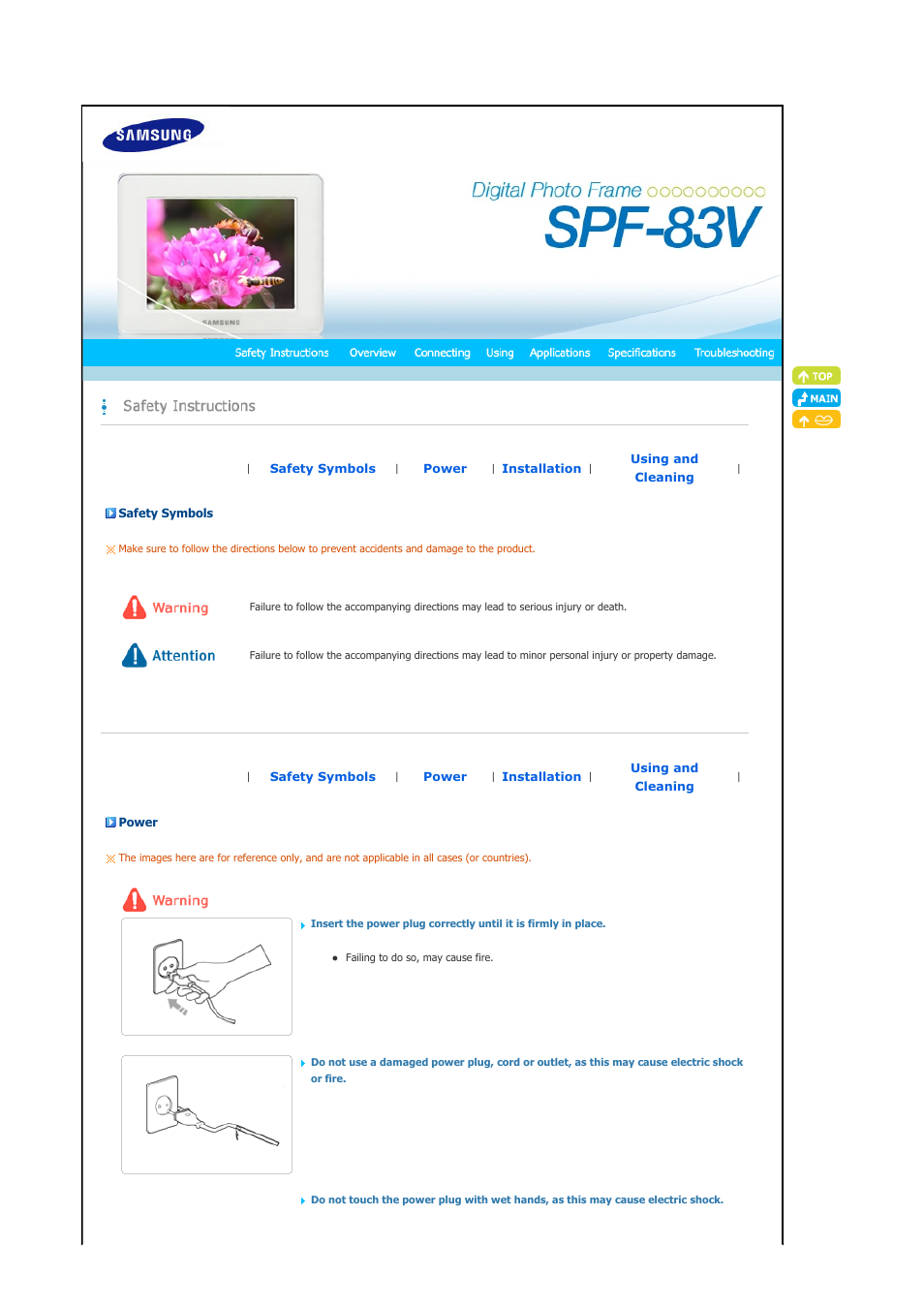 Safety symbols, Power, Installation | Samsung SPF-83V User Manual | Page 2 / 42