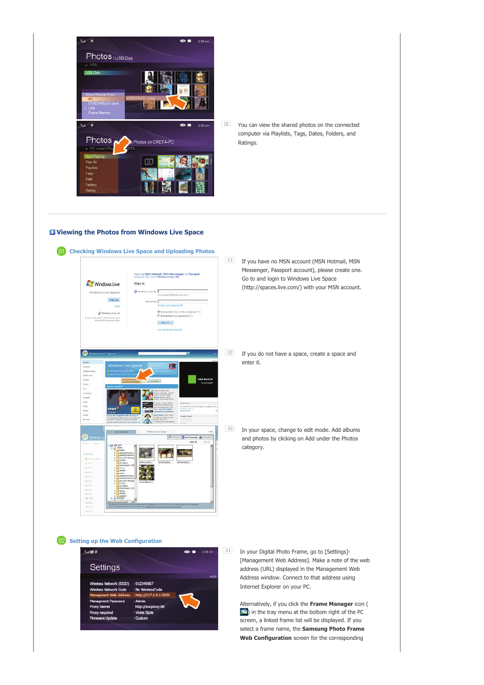 Viewing the photos from windows live space | Samsung SPF-83V User Manual | Page 30 / 42