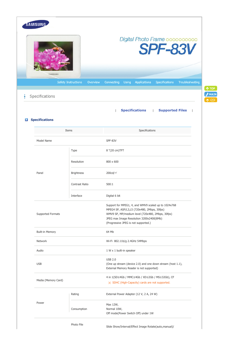 Specifications, Supported files | Samsung SPF-83V User Manual | Page 35 / 42