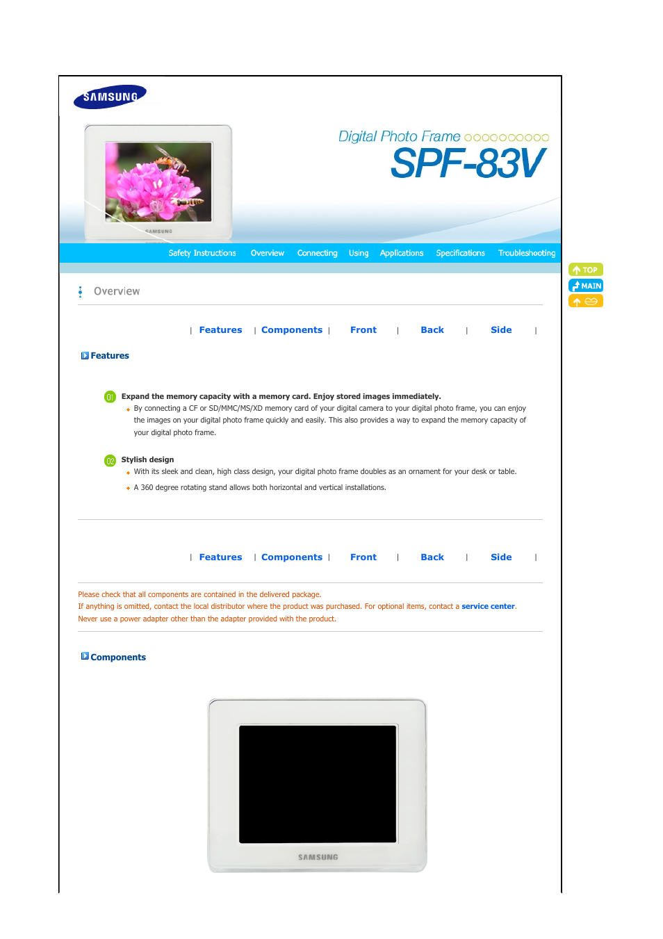 Features, Components, Front | Samsung SPF-83V User Manual | Page 7 / 42