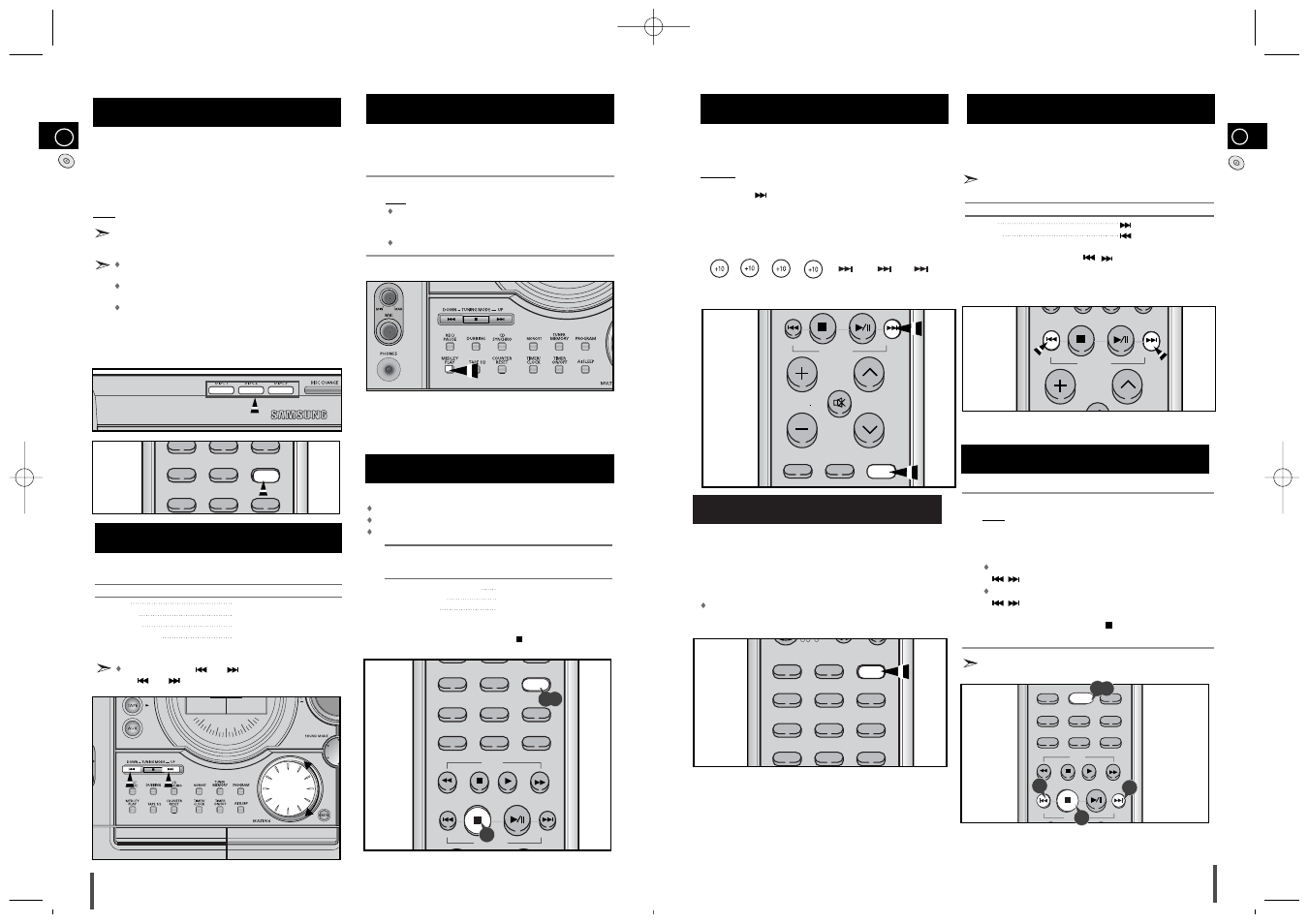 Selecting a cd in the disc changer, Selecting a track, Medley play | Repeating one or all tracks on the compact discs, Function to skip through 10 tracks at a time, Last memory function, Searching for a specific music passage on a cd, Shuffle play function | Samsung MAX-T35 User Manual | Page 6 / 14