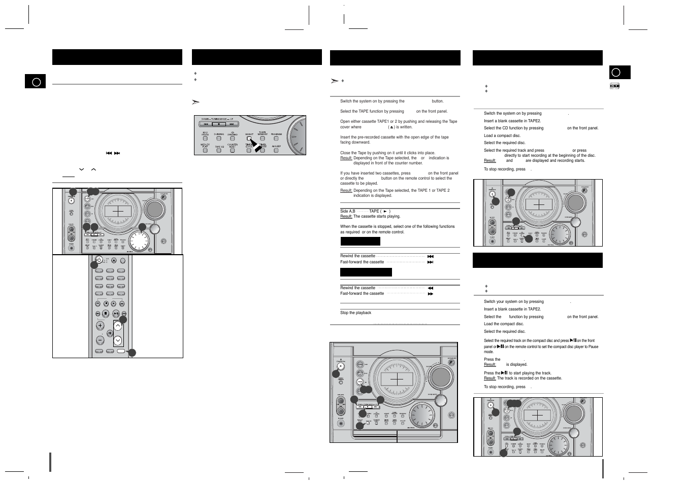 Selecting a stored station, Improving radio reception, Tape deck | Listening to a cassette, Cd synchro record feature | Samsung MAX-T35 User Manual | Page 9 / 14