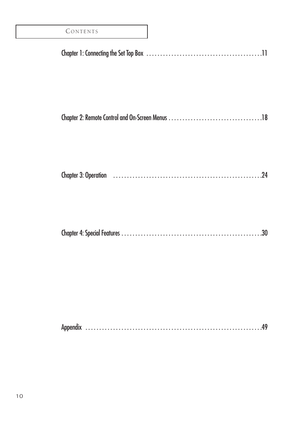 Chapter 1: connecting the set top box, Chapter 2: remote control and on-screen menus, Chapter 3: operation | Chapter 4: special features, Appendix | Samsung SIR-T451 User Manual | Page 10 / 51