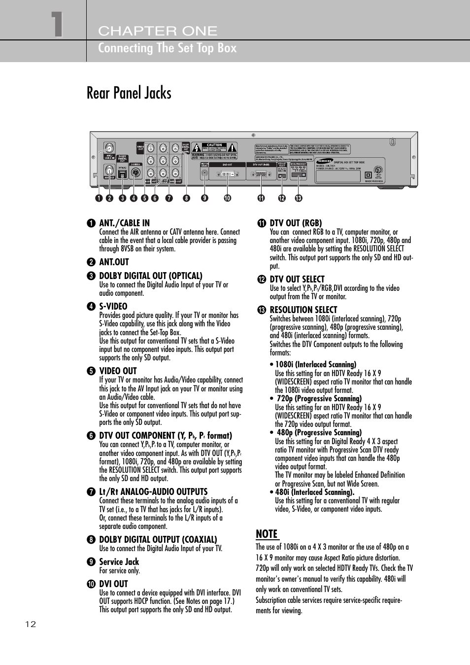Rear panel jacks, Chapter one connecting the set top box | Samsung SIR-T451 User Manual | Page 12 / 51