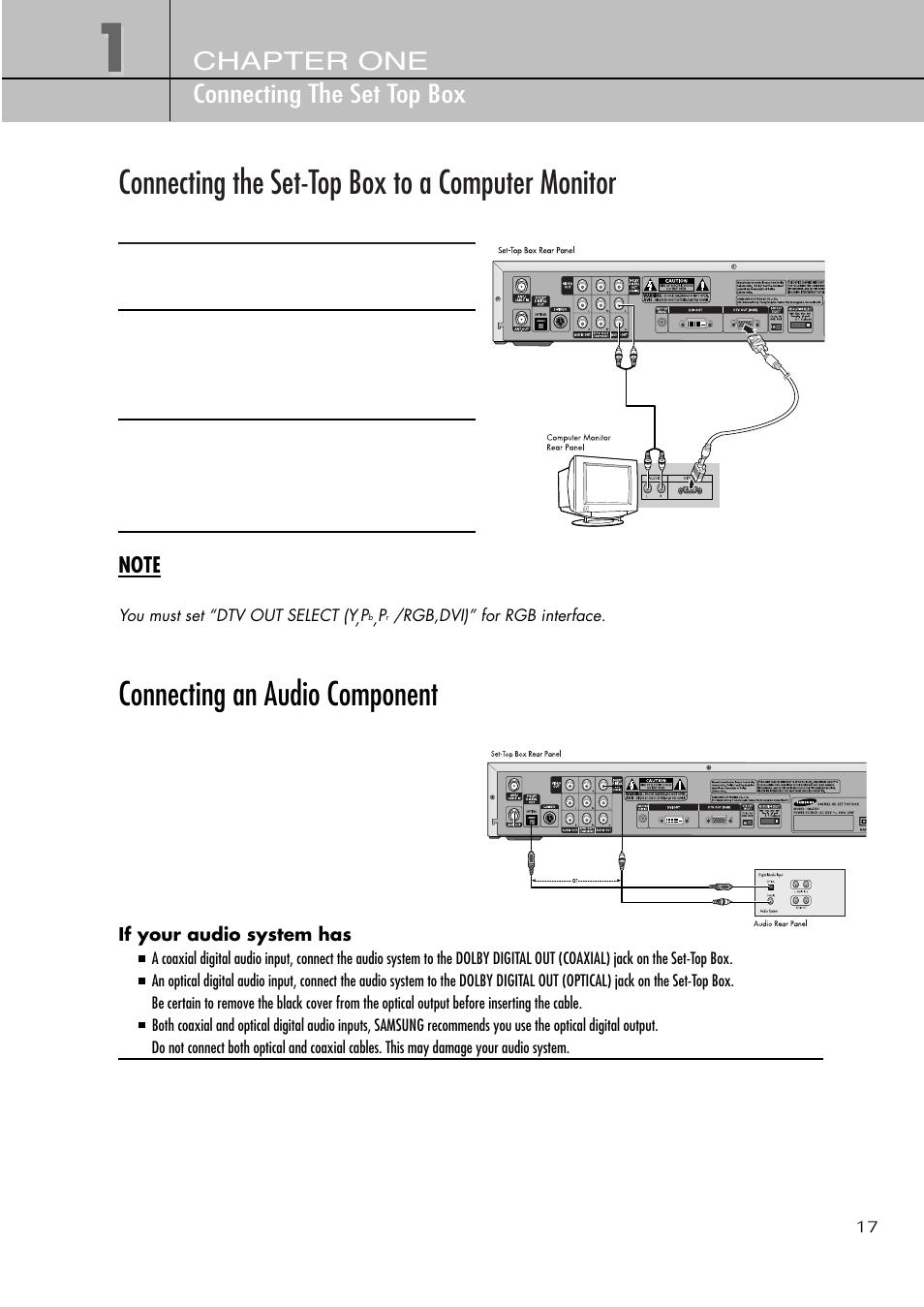 Connecting the set-top box to a computer monitor, Connecting an audio component | Samsung SIR-T451 User Manual | Page 17 / 51