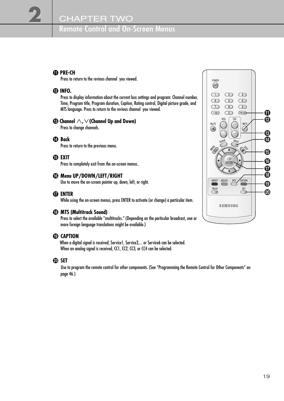 Chapter two remote control and on-screen menus | Samsung SIR-T451 User Manual | Page 19 / 51