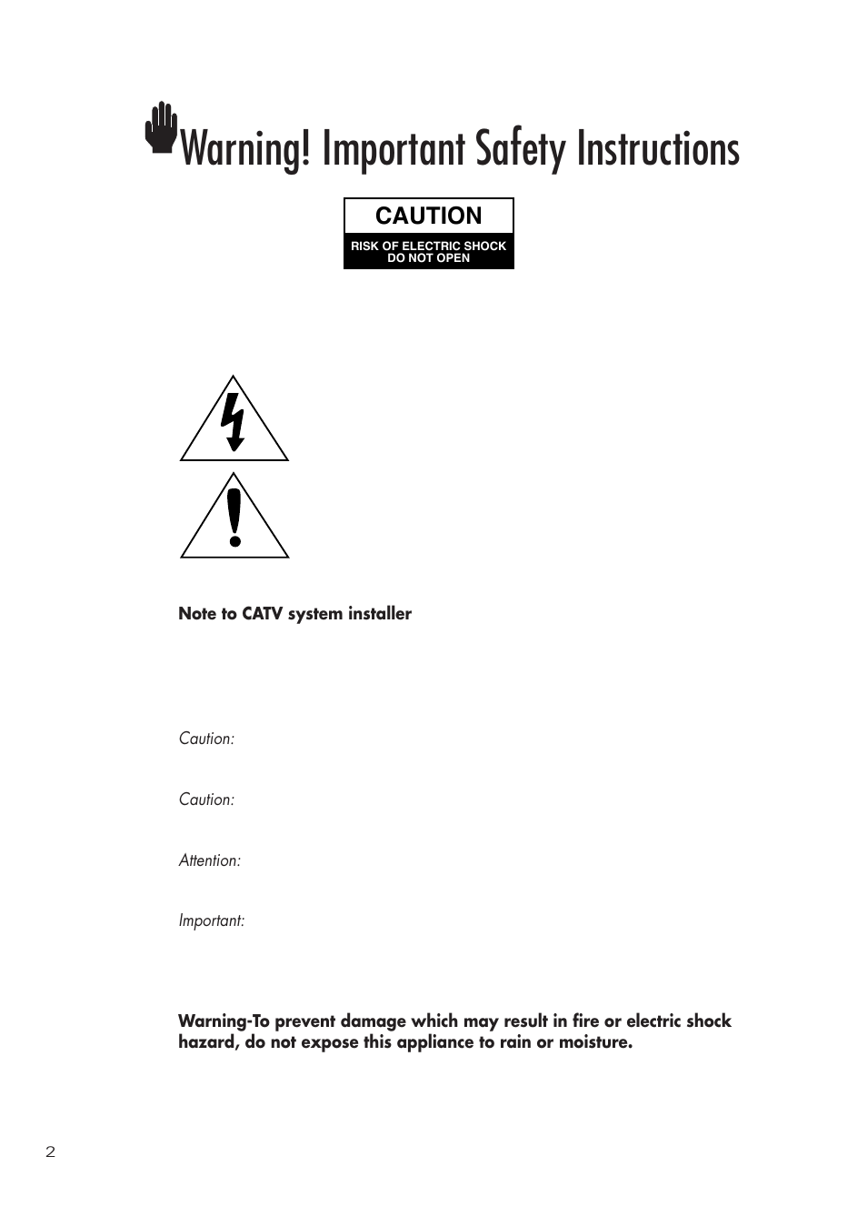 Warning! important safety instructions, Caution | Samsung SIR-T451 User Manual | Page 2 / 51