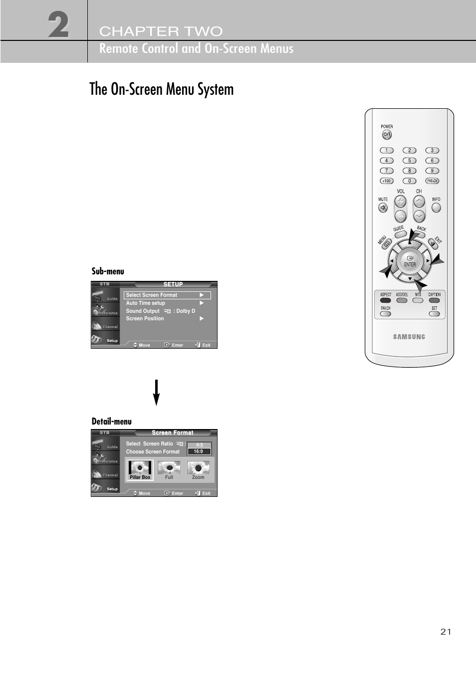 The on-screen menu system, Chapter two remote control and on-screen menus | Samsung SIR-T451 User Manual | Page 21 / 51