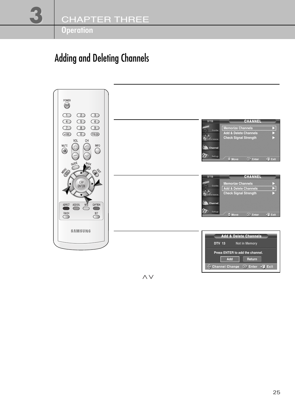 Adding and deleting channels, Chapter three operation | Samsung SIR-T451 User Manual | Page 25 / 51