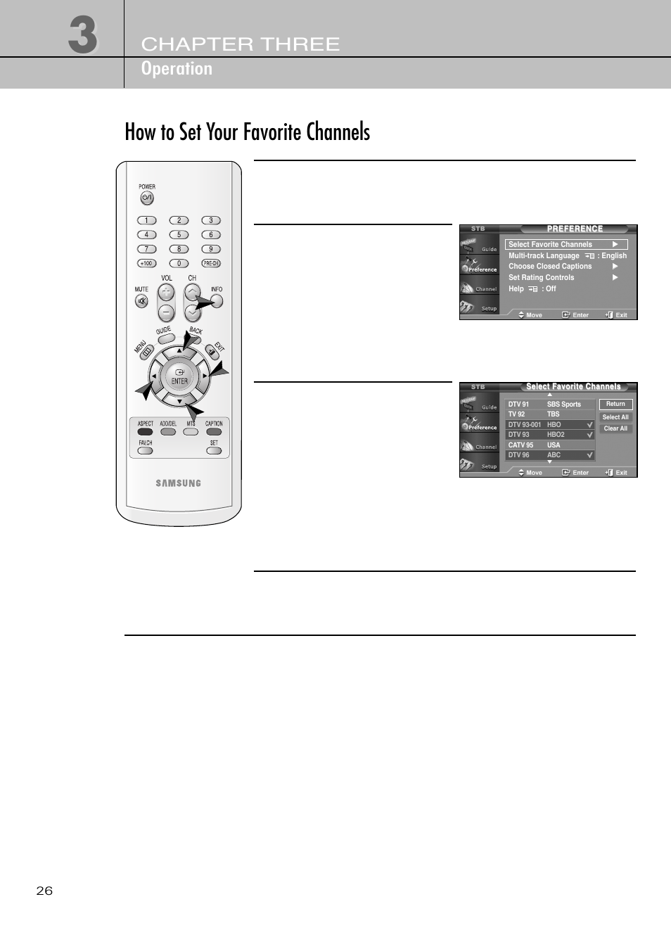 How to set your favorite channels, Chapter three operation | Samsung SIR-T451 User Manual | Page 26 / 51