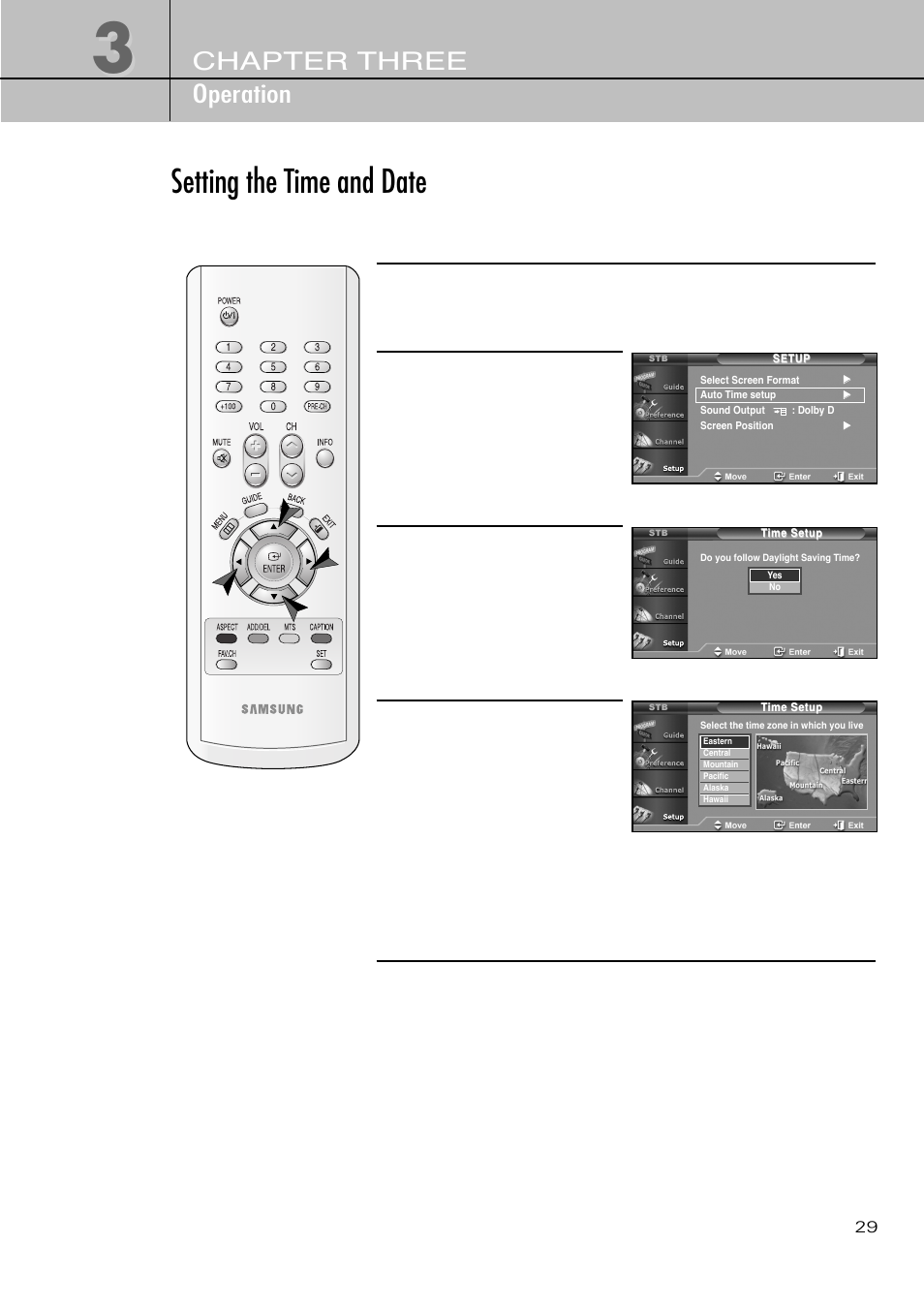 Setting the time and date, Chapter three operation | Samsung SIR-T451 User Manual | Page 29 / 51