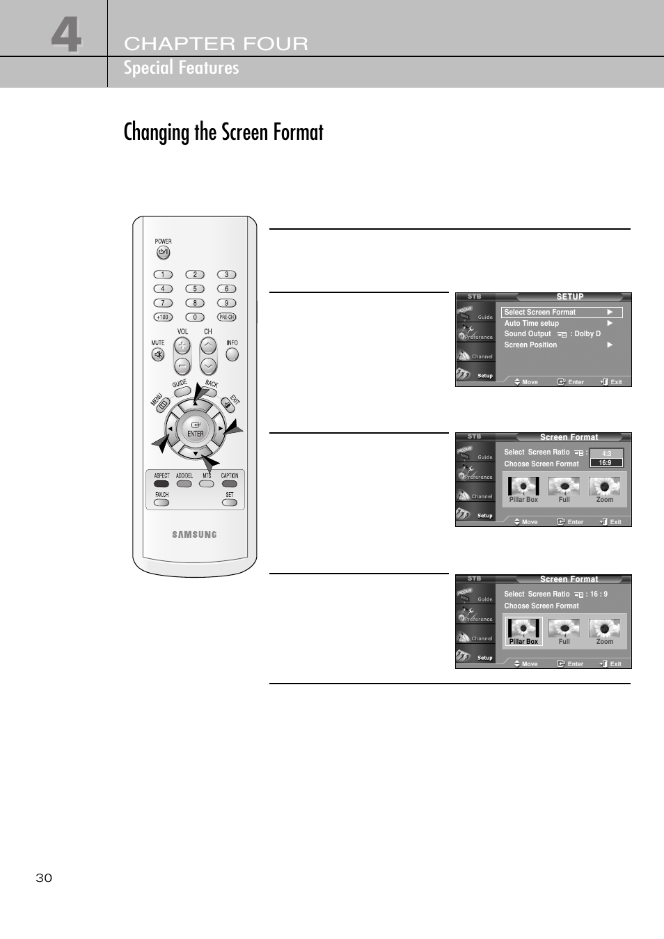 Changing the screen format, Chapter four special features | Samsung SIR-T451 User Manual | Page 30 / 51