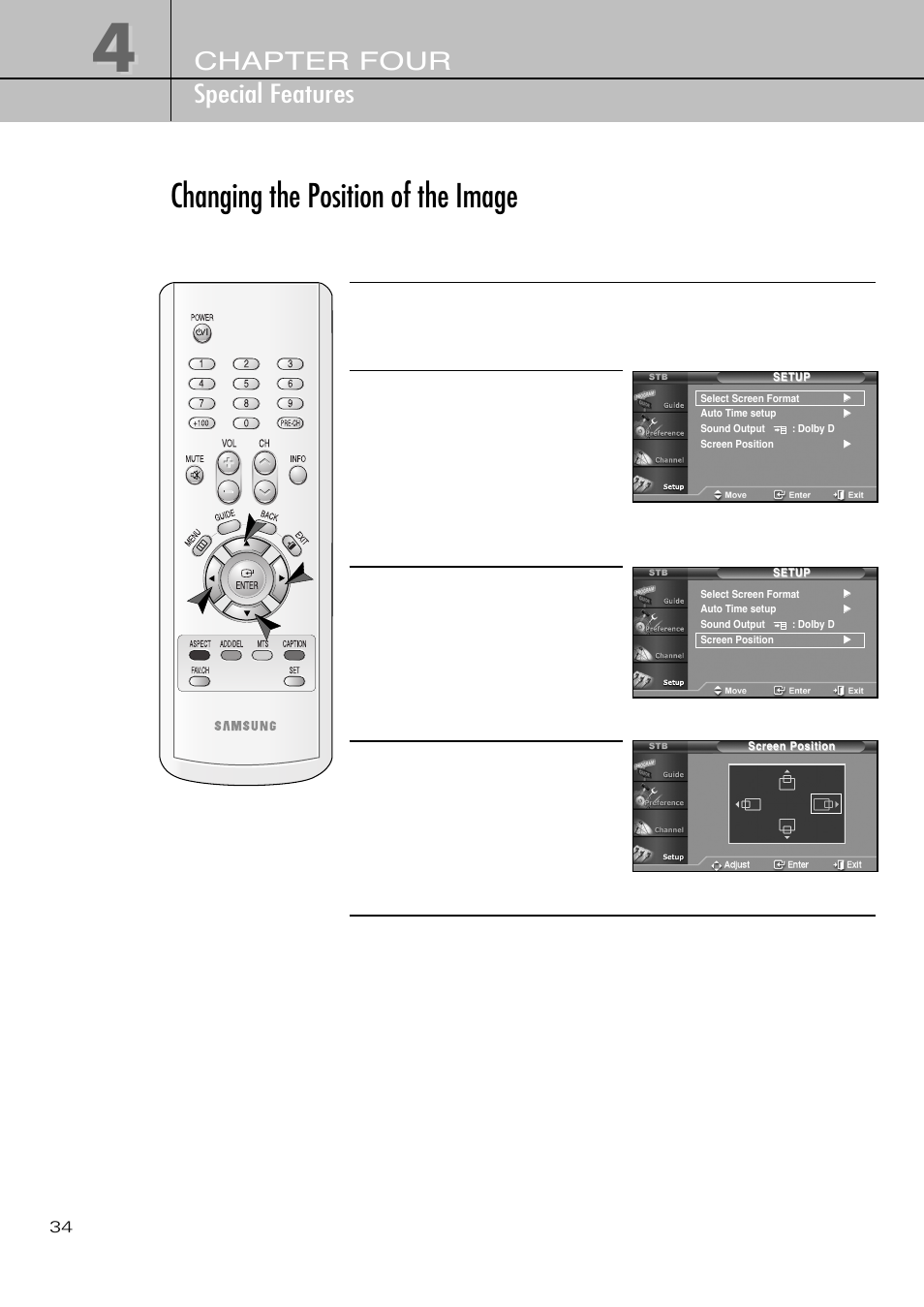 Changing the position of the image, Chapter four special features | Samsung SIR-T451 User Manual | Page 34 / 51