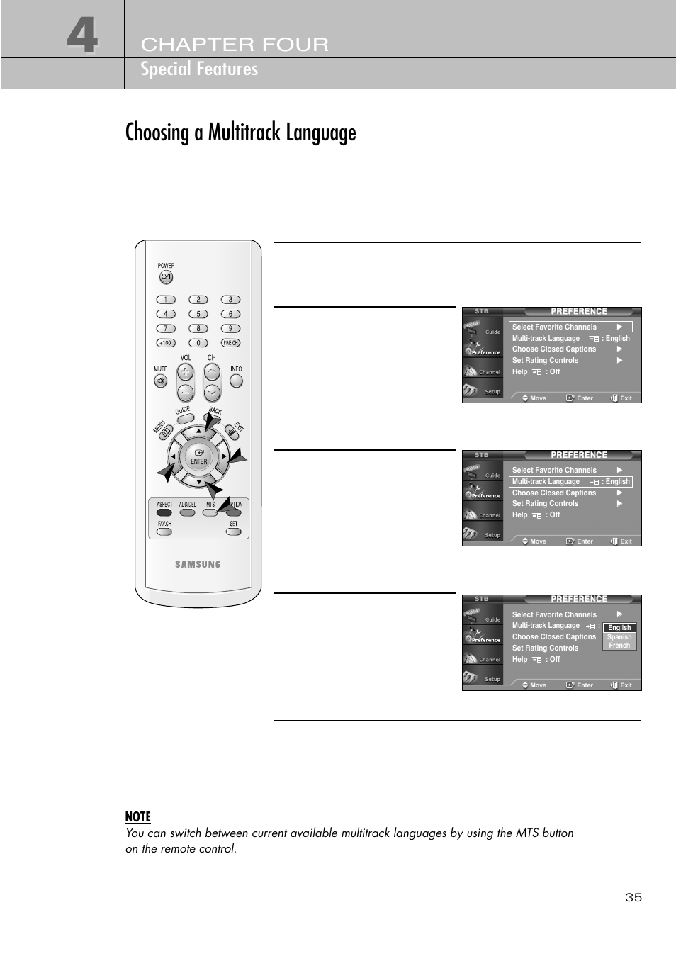 Choosing a multitrack language, Chapter four special features | Samsung SIR-T451 User Manual | Page 35 / 51