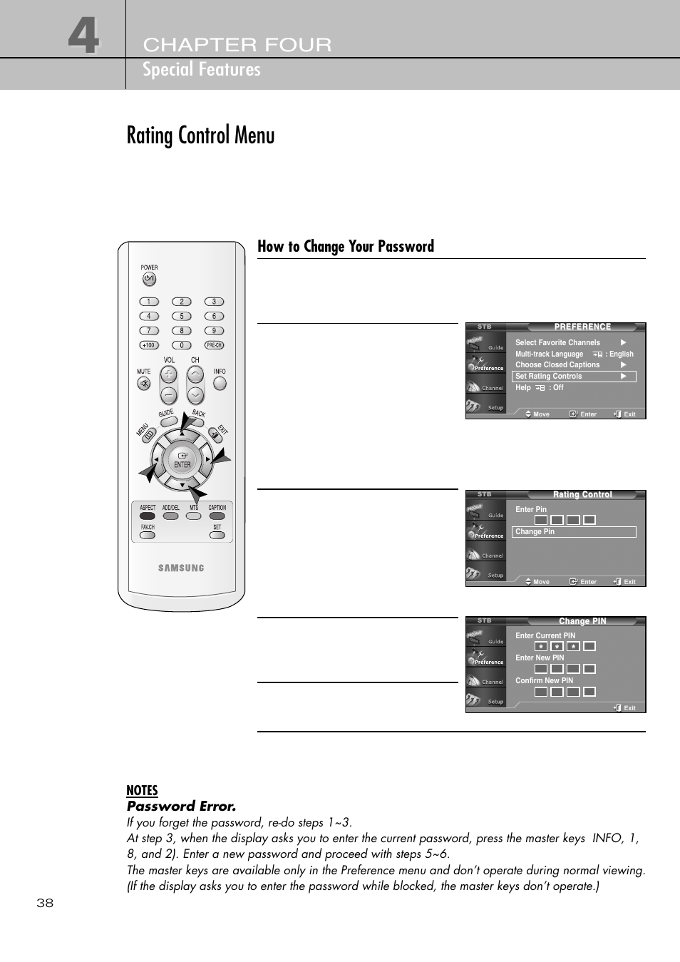 Rating control menu, Chapter four special features | Samsung SIR-T451 User Manual | Page 38 / 51