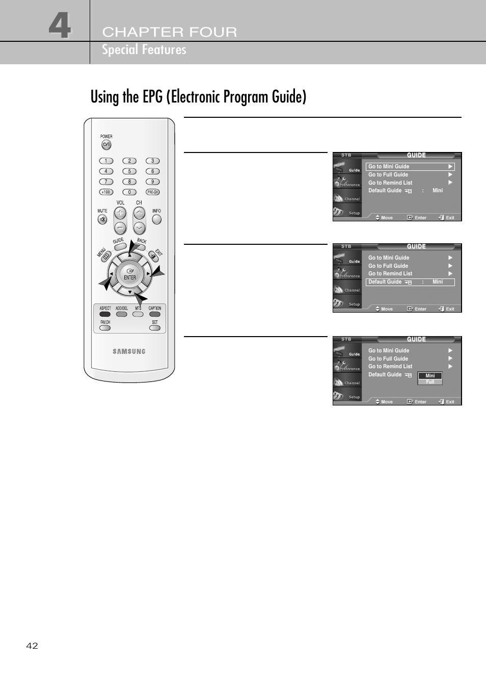 Using the epg (electronic program guide), Chapter four special features | Samsung SIR-T451 User Manual | Page 42 / 51