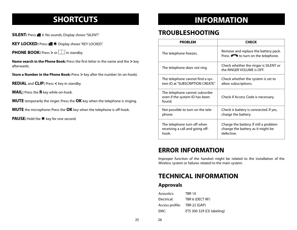 Shortcuts, Information, Troubleshooting error information | Technical information | Samsung iDCS SLiM User Manual | Page 15 / 18