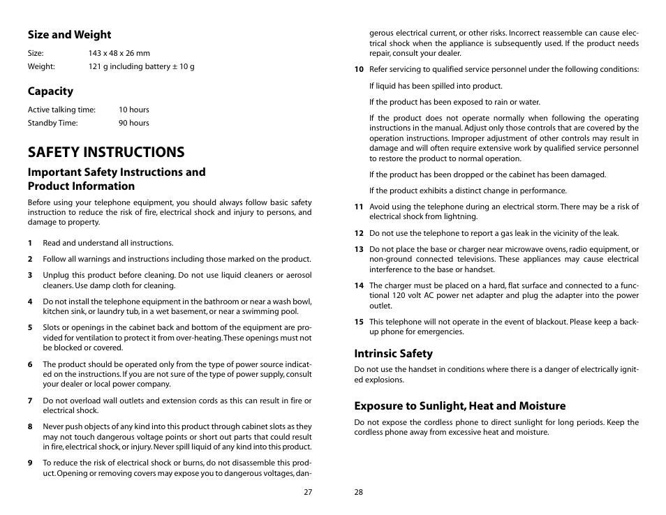 Safety instructions, Size and weight, Capacity | Intrinsic safety, Exposure to sunlight, heat and moisture | Samsung iDCS SLiM User Manual | Page 16 / 18