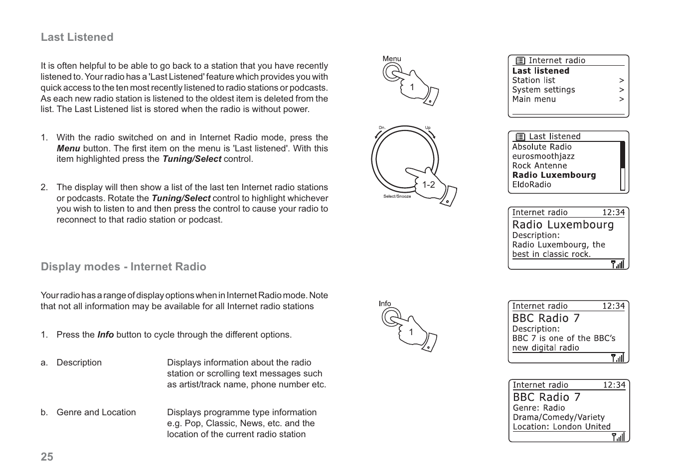 Last listened, Display modes - internet radio | Samsung WM-202 User Manual | Page 26 / 76