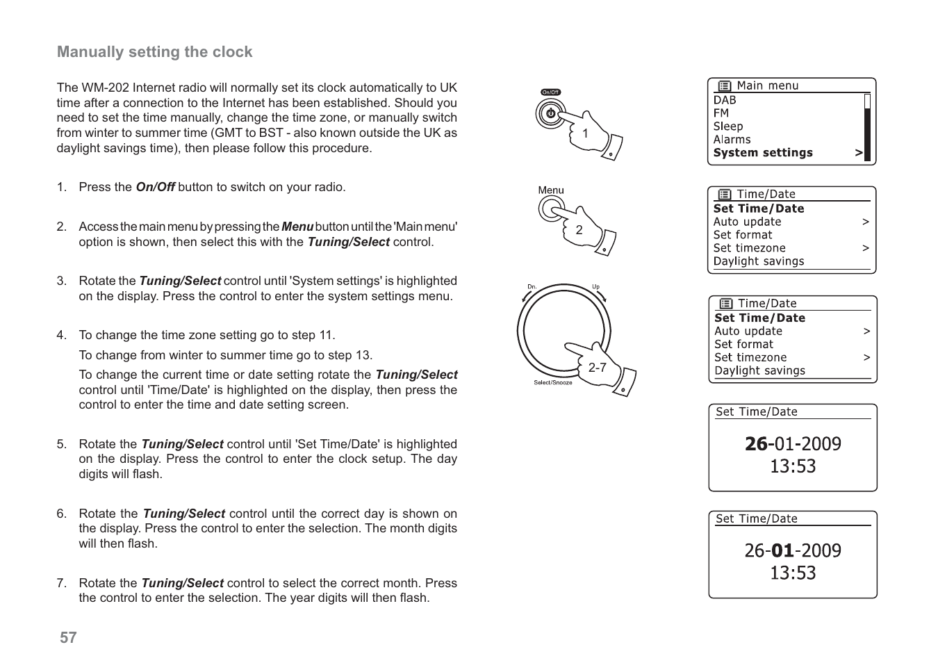 57 manually setting the clock | Samsung WM-202 User Manual | Page 58 / 76