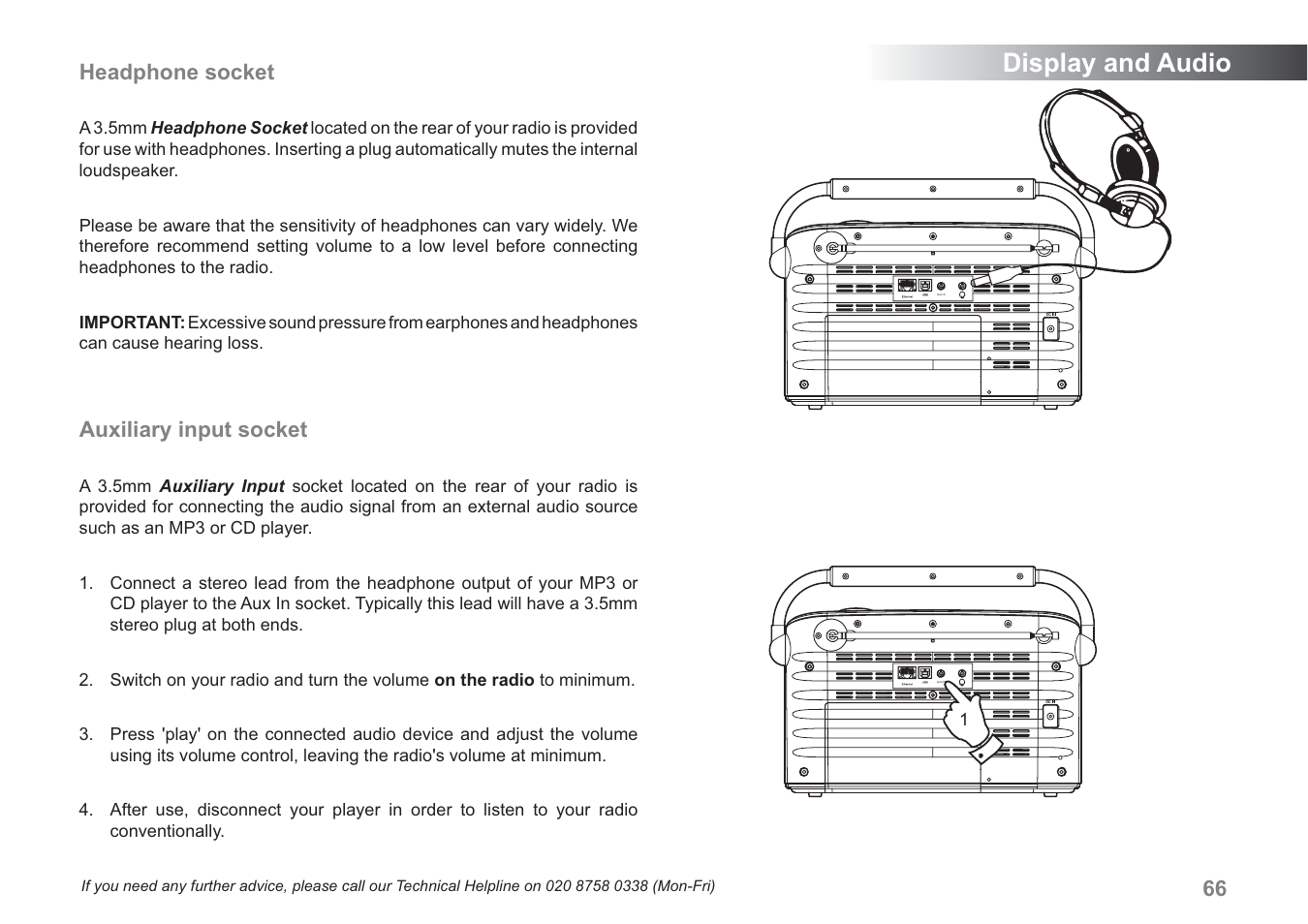 Display and audio, Headphone socket, Auxiliary input socket | Samsung WM-202 User Manual | Page 67 / 76