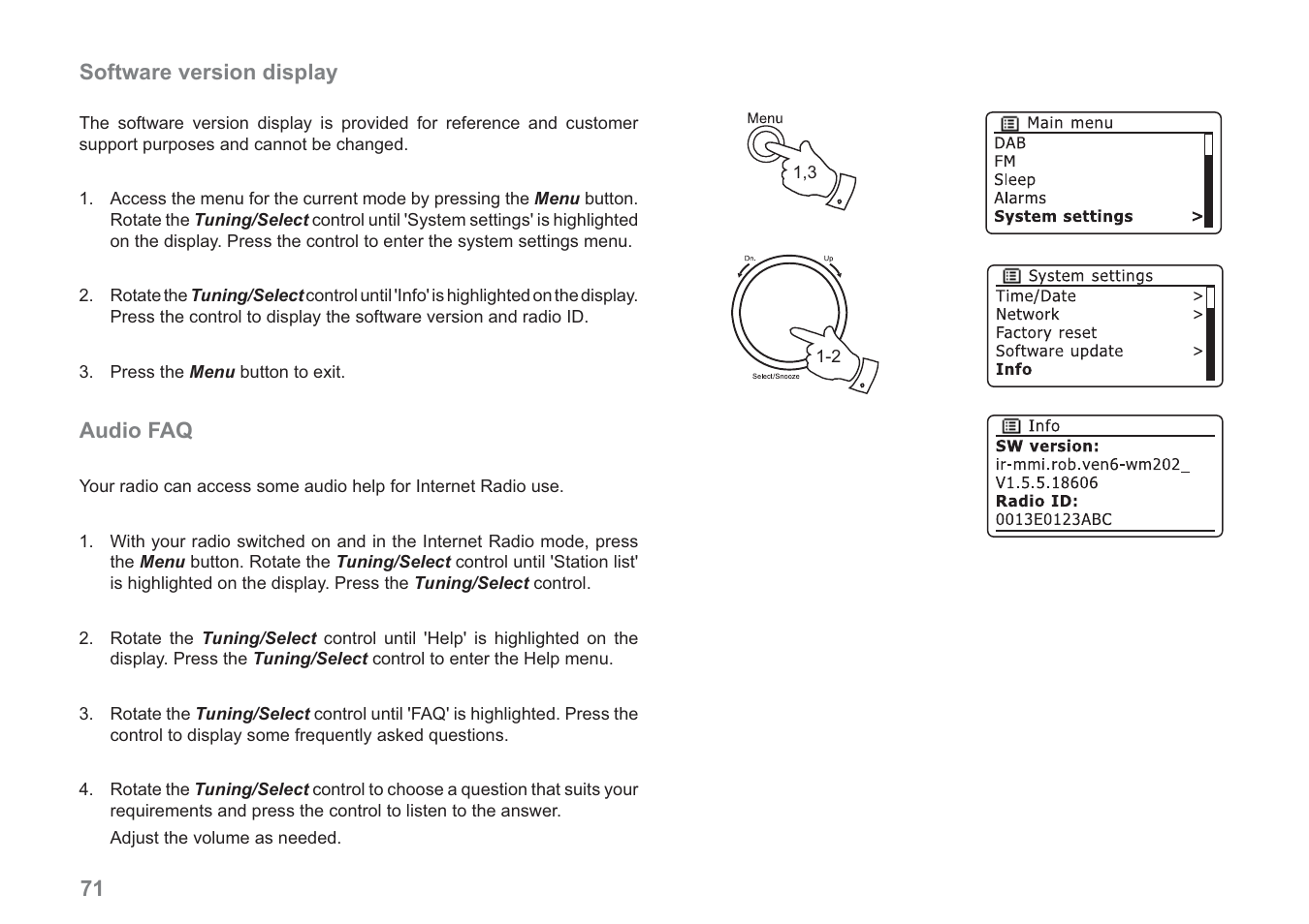 71 software version display, Audio faq | Samsung WM-202 User Manual | Page 72 / 76