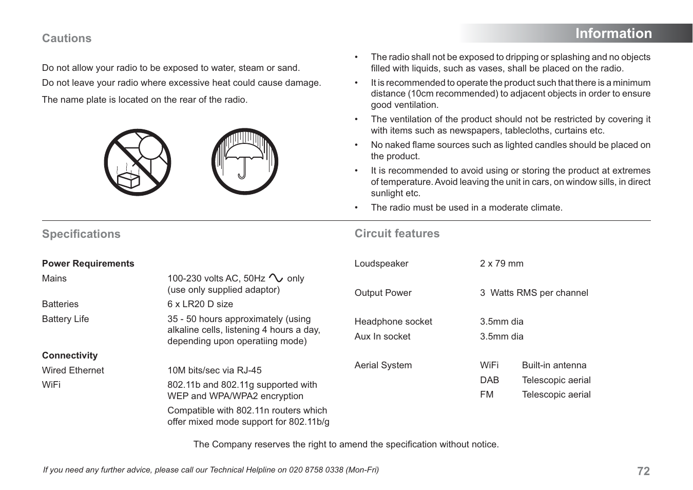 Information, Speciﬁ cations, Circuit features | Cautions | Samsung WM-202 User Manual | Page 73 / 76