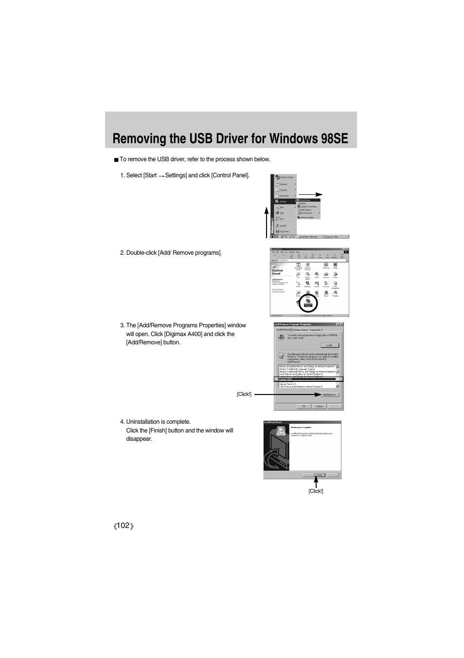 Removing the usb driver for windows 98se | Samsung Digimax A400 User Manual | Page 102 / 116