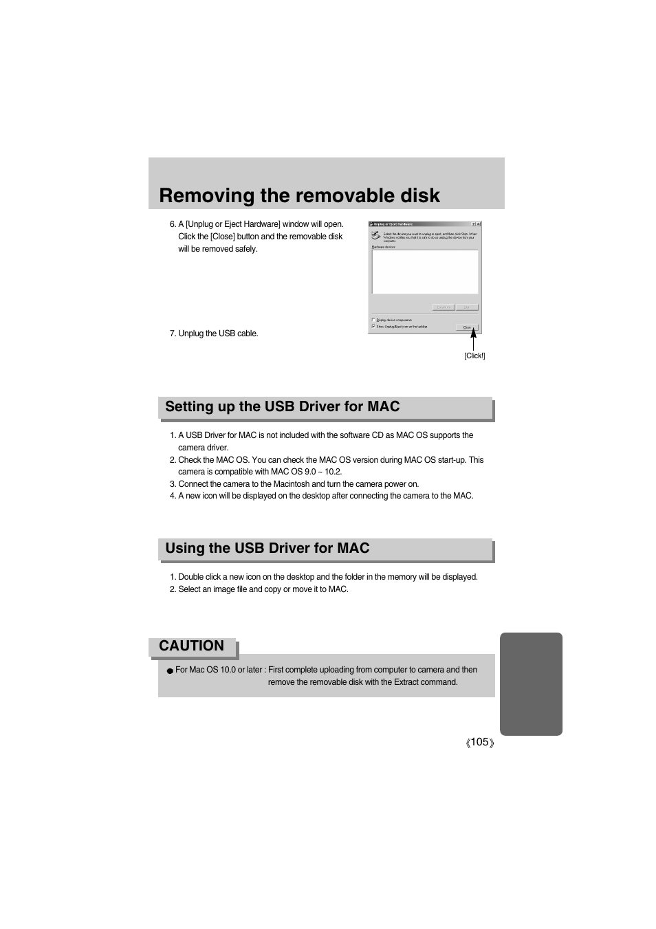 Removing the removable disk, Caution | Samsung Digimax A400 User Manual | Page 105 / 116