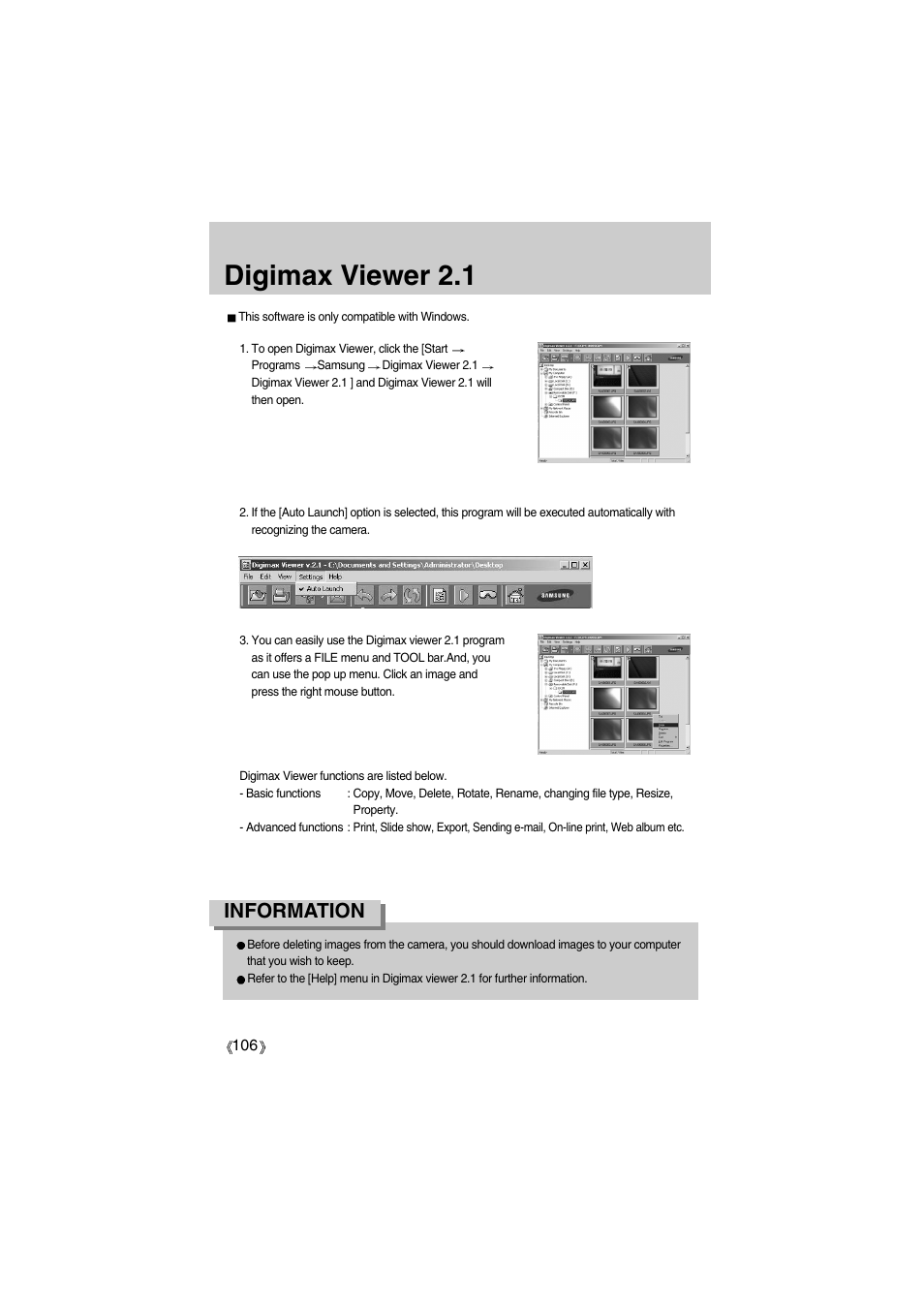 Digimax viewer 2.1, Information | Samsung Digimax A400 User Manual | Page 106 / 116