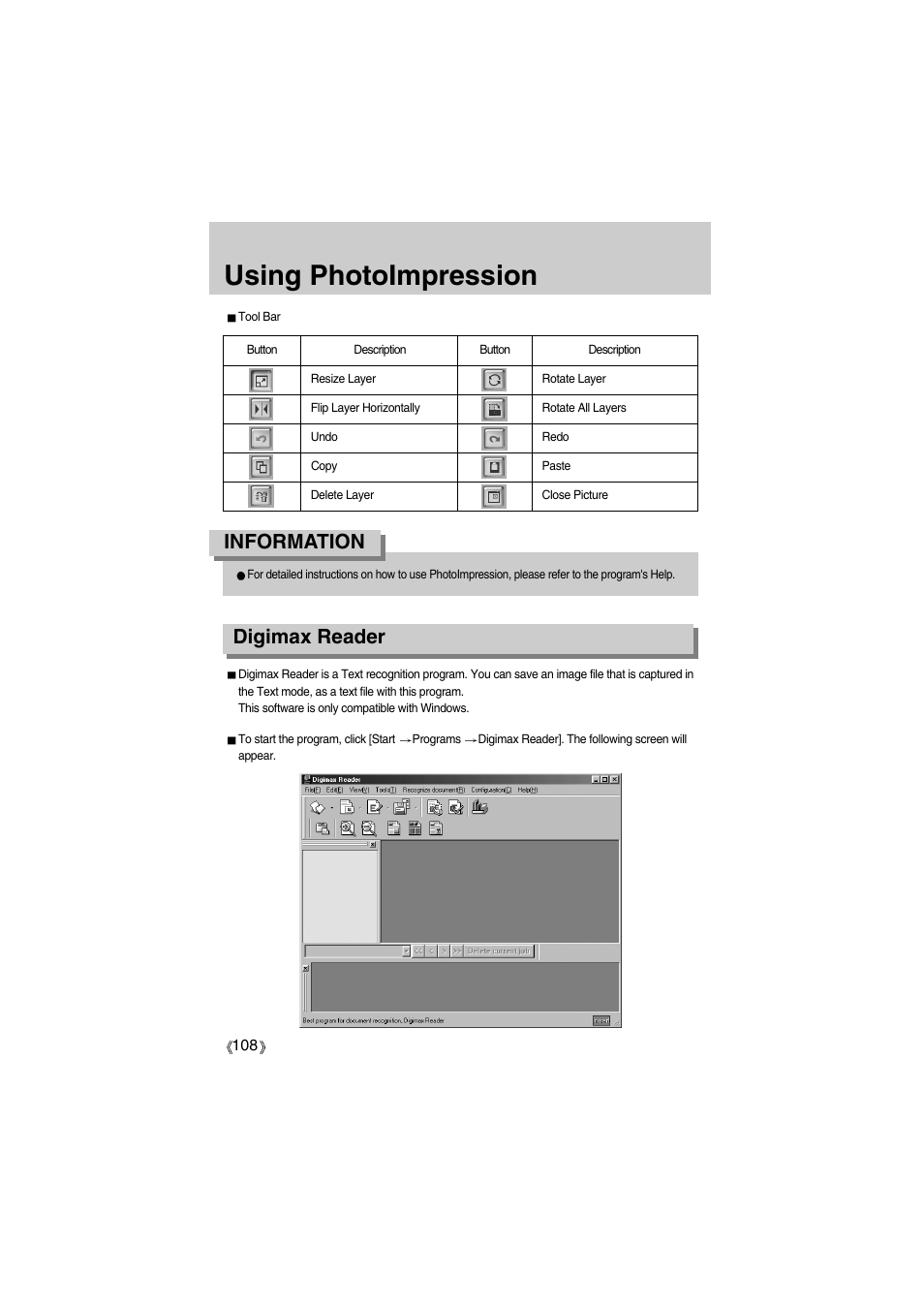 Using photoimpression, Information, Digimax reader | Samsung Digimax A400 User Manual | Page 108 / 116