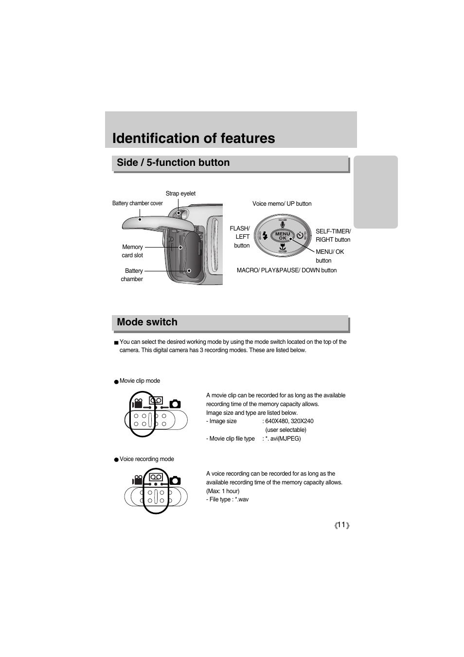 Identification of features, Side / 5-function button mode switch | Samsung Digimax A400 User Manual | Page 11 / 116