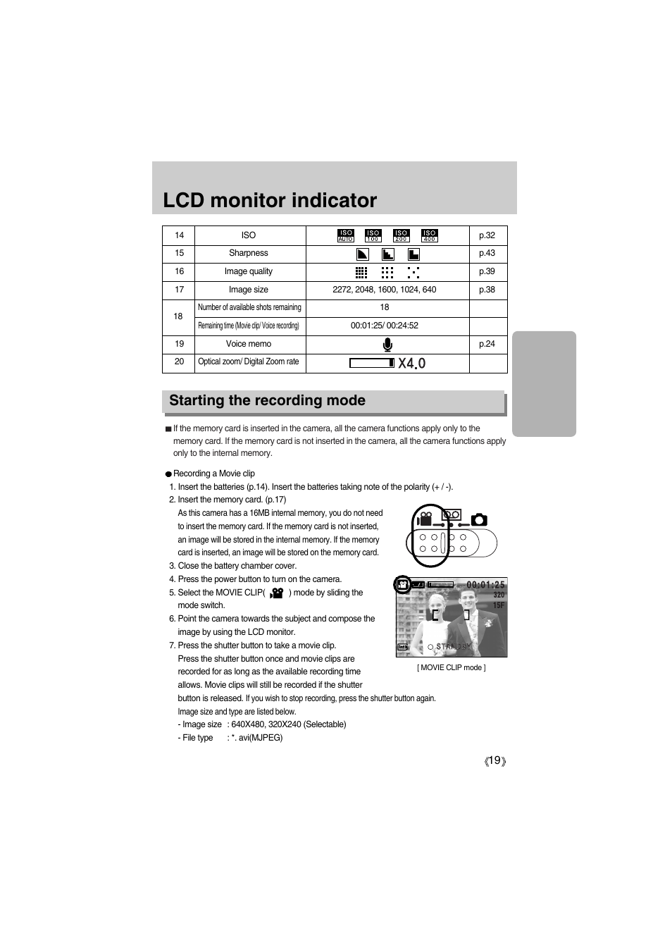 Lcd monitor indicator, Starting the recording mode | Samsung Digimax A400 User Manual | Page 19 / 116
