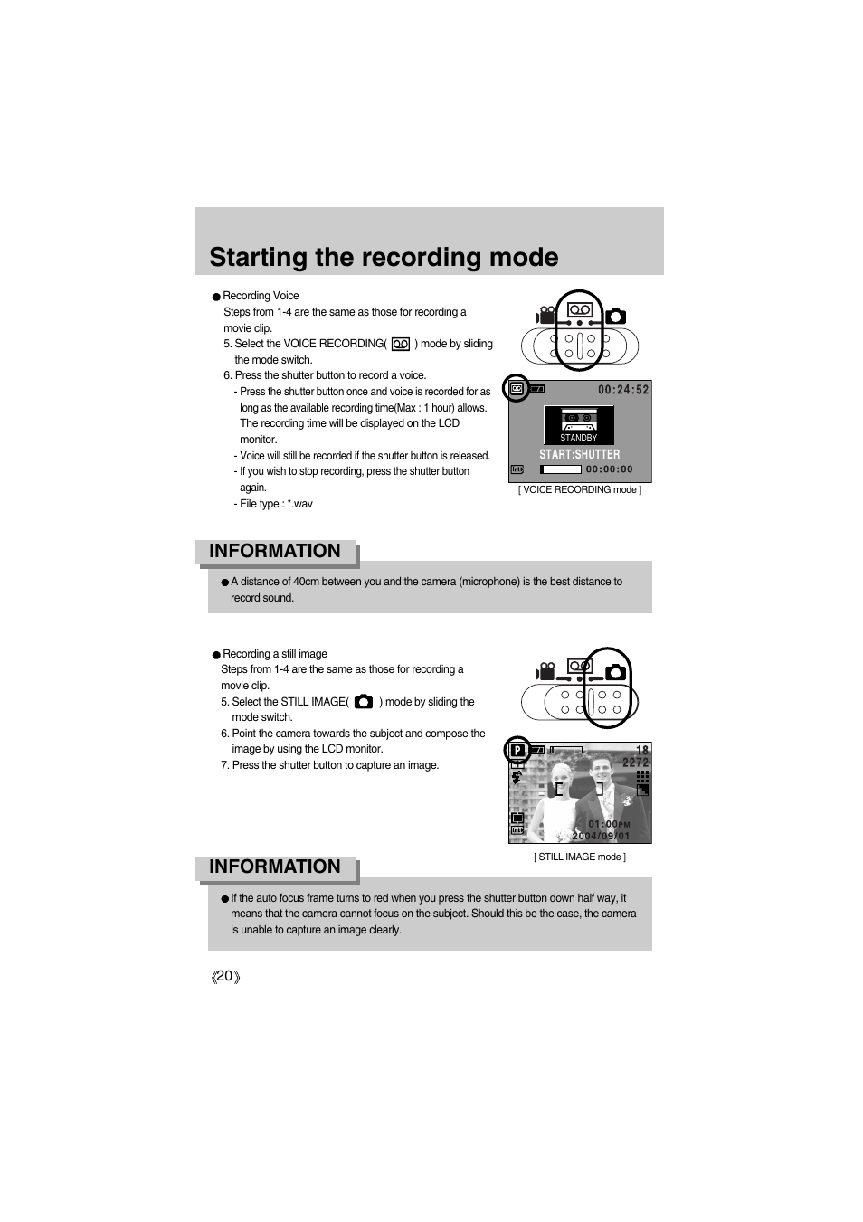 Starting the recording mode, Information | Samsung Digimax A400 User Manual | Page 20 / 116