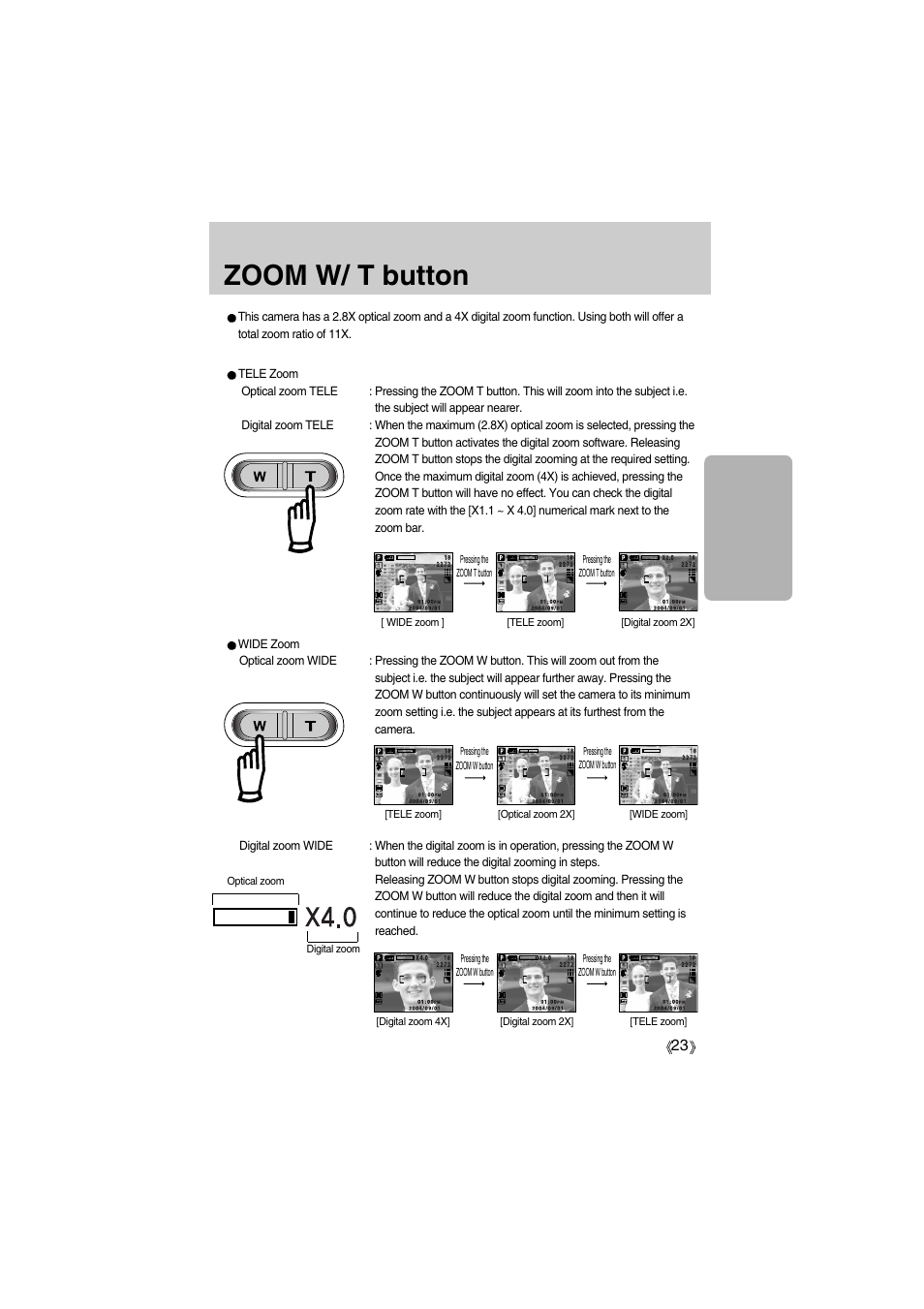 Zoom w/ t button | Samsung Digimax A400 User Manual | Page 23 / 116