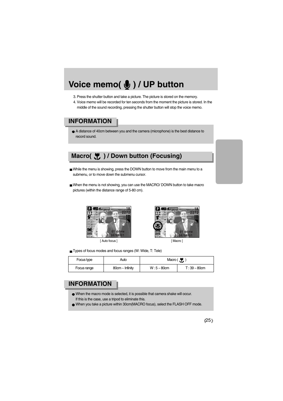 Information, Macro( ) / down button (focusing) | Samsung Digimax A400 User Manual | Page 25 / 116