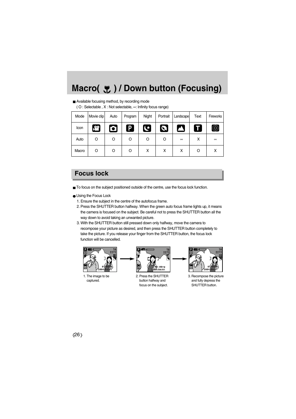 Macro( ) / down button (focusing), Focus lock | Samsung Digimax A400 User Manual | Page 26 / 116