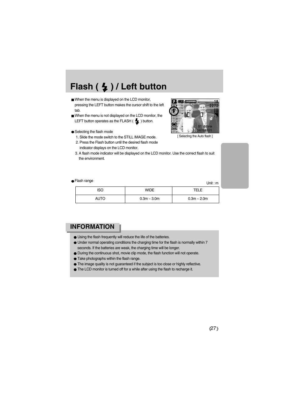 Flash ( ) / left button, Information | Samsung Digimax A400 User Manual | Page 27 / 116