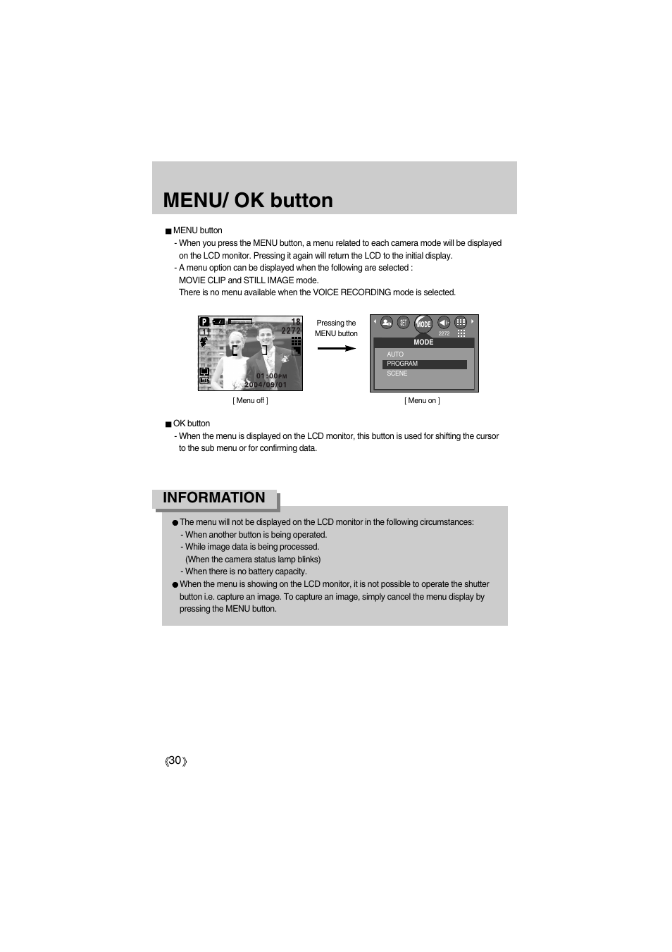 Menu/ ok button, Information | Samsung Digimax A400 User Manual | Page 30 / 116